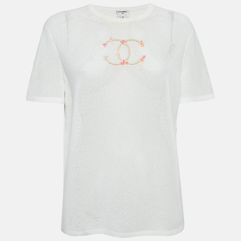 Chanel White CC Embroidered Mesh Sheer T-Shirt L Chanel White CC Embroidered Mesh Sheer T-Shirt L