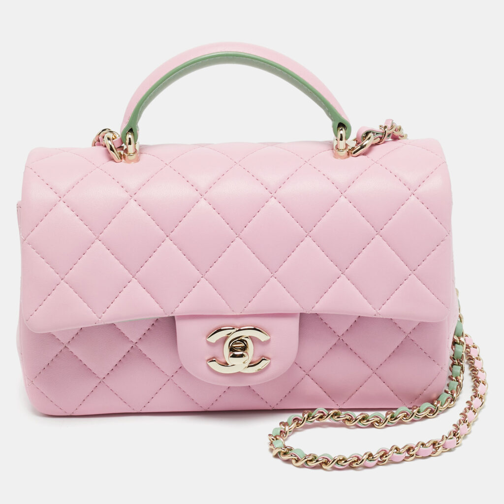 Chanel Pink/Green Quilted Leather Mini Rectangular Top Handle Bag Chanel Pink/Green Quilted Leather Mini Rectangular Top Handle Bag