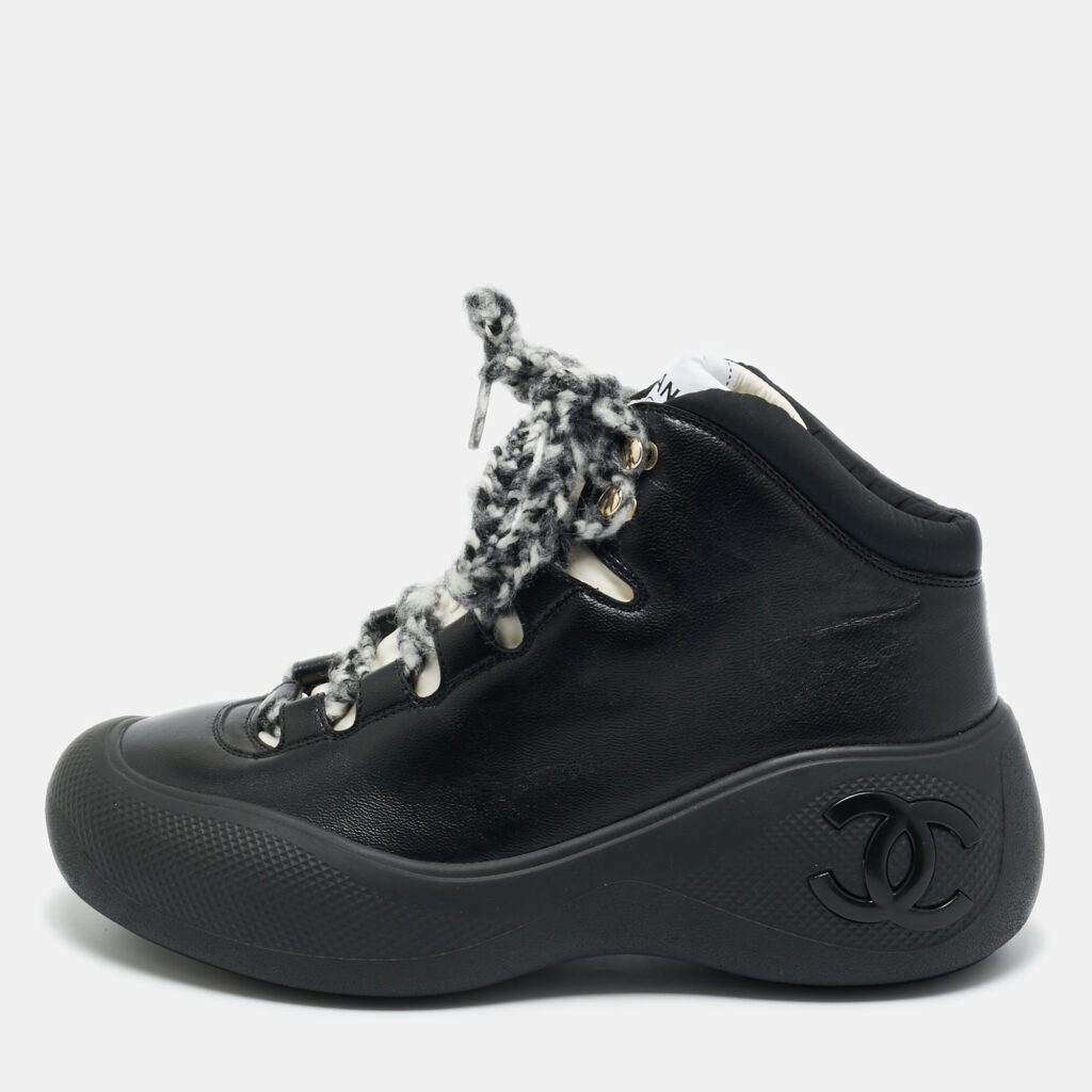 Chanel Black Leather and Nylon CC Chunky High Top Sneakers Size 39.5 Chanel Black Leather and Nylon CC Chunky High Top Sneakers Size 39.5