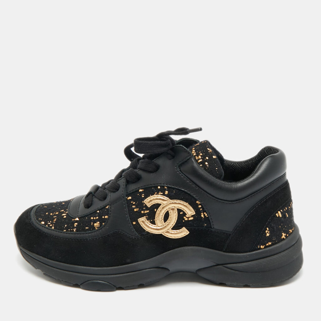 Chanel Black Leather and Tweed CC Logo Lace Up Sneakers Size 36