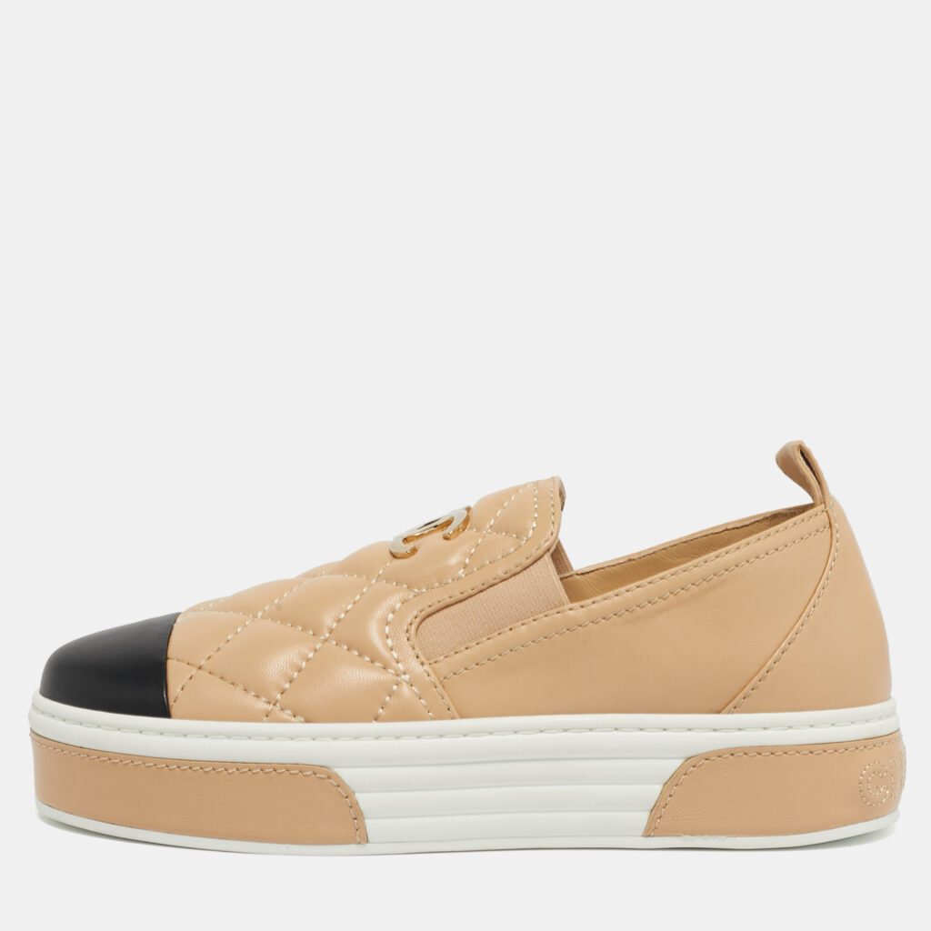 Chanel CC Size 35 Beige/Black Leather Slip On Sneakers