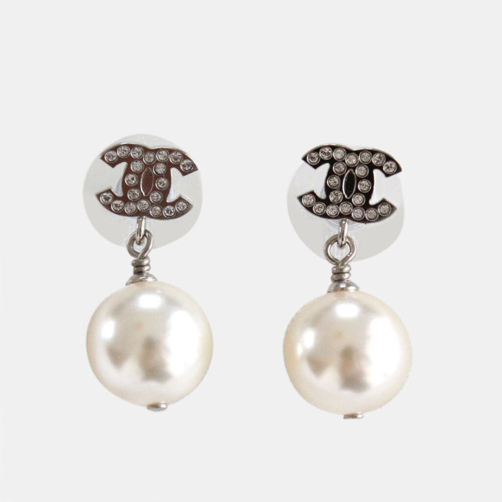 Chanel CC Faux Pearl and Crystal Dangle Earrings Chanel CC Faux Pearl and Crystal Dangle Earrings
