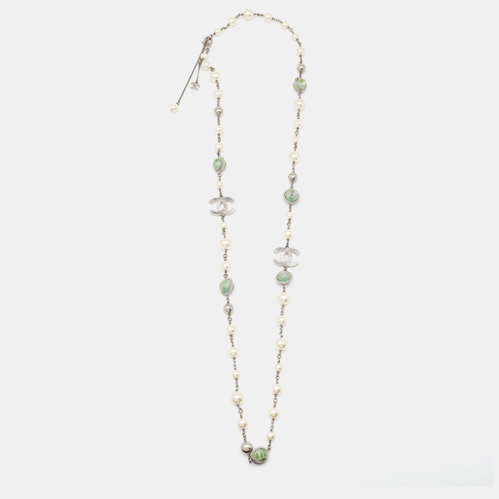 Chanel CC Faux Pearl Composite Silver Tone Long Necklace Chanel CC Faux Pearl Composite Silver Tone Long Necklace
