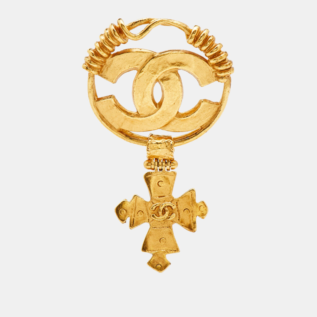 Chanel CC Logo Cross Drop Gold Tone Pin Brooch Chanel CC Logo Cross Drop Gold Tone Pin Brooch