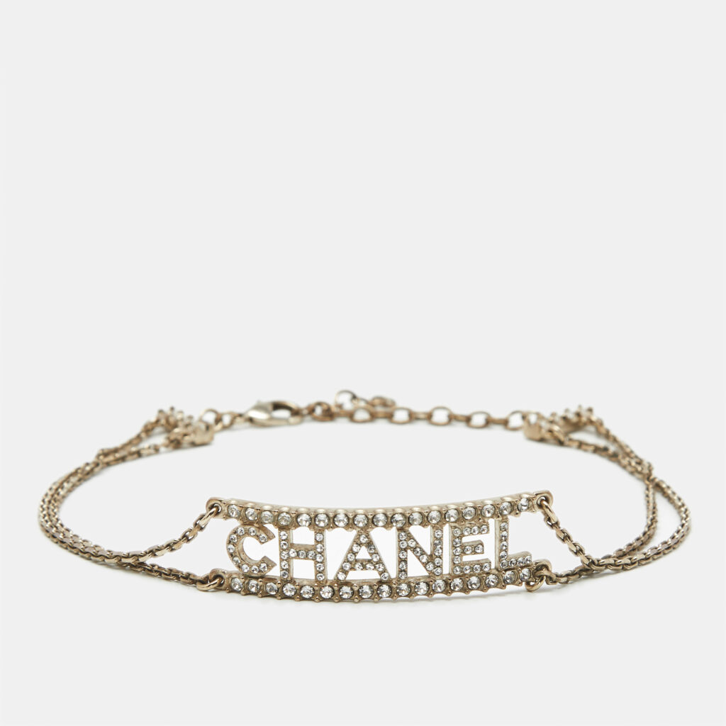 Chanel Logo Crystals Gold Tone Choker Necklace Chanel Logo Crystals Gold Tone Choker Necklace