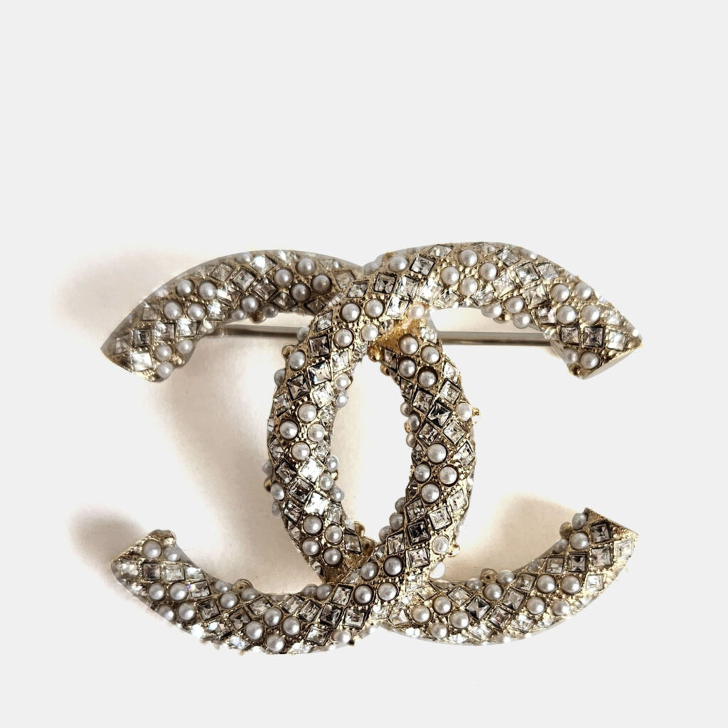 Chanel Gold Tone CC Crystal/Pearl Embellished Brooch Chanel Gold Tone CC Crystal/Pearl Embellished Brooch