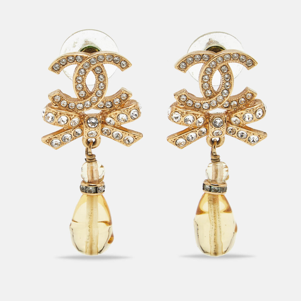 luxury-women-chanel-used-accessories-p1189017-004-1.jpg Chanel CC Bow Crystals Beads Gold Tone Earrings