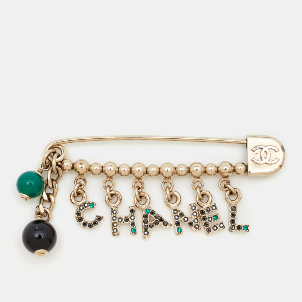 Chanel Logo Multicolor Crystal Safety Pin Brooch Chanel Logo Multicolor Crystal Safety Pin Brooch