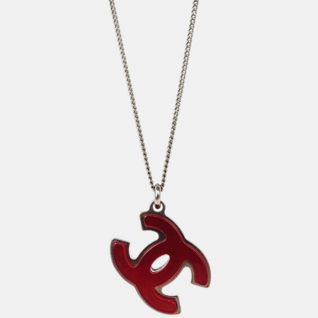 Chanel CC Chain Silver Red Black Acrylic Pendant Necklace Chanel CC Chain Silver Red Black Acrylic Pendant Necklace