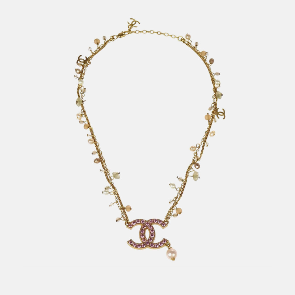 Chanel CC Rhinestone Artificial Pearl Gold Chain Pendant Necklace Chanel CC Rhinestone Artificial Pearl Gold Chain Pendant Necklace
