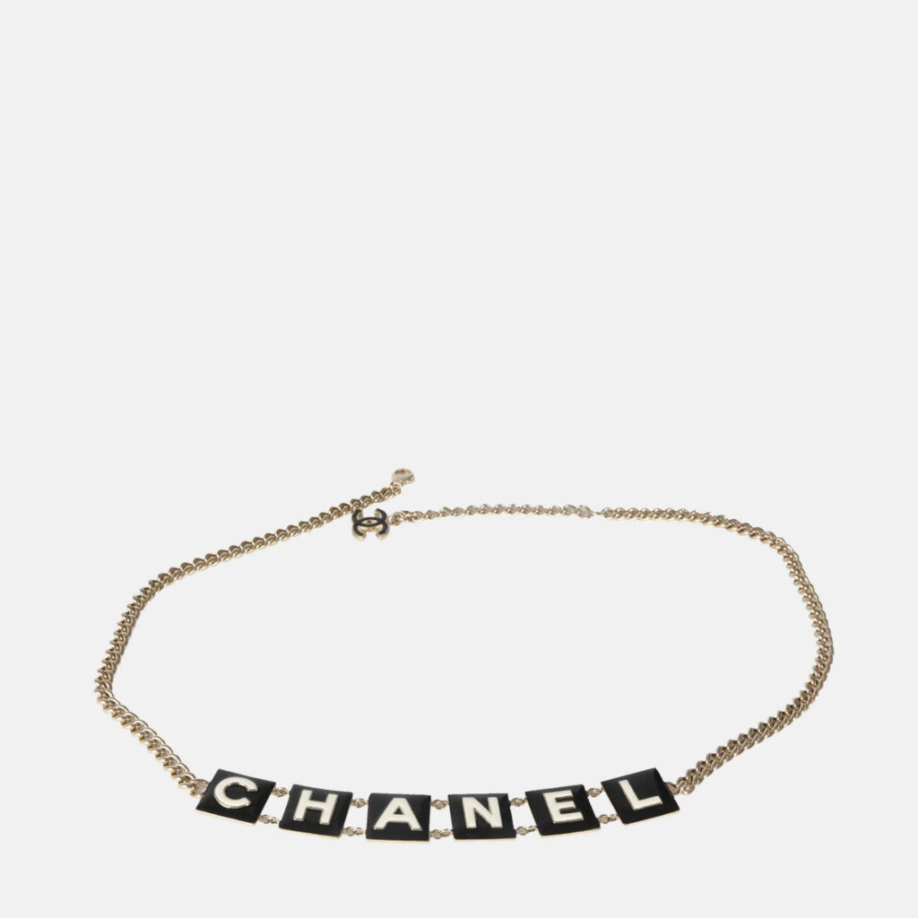 Chanel 2022 Black & White Enamel Gold Plated Logo Belt Chanel 2022 Black & White Enamel Gold Plated Logo Belt