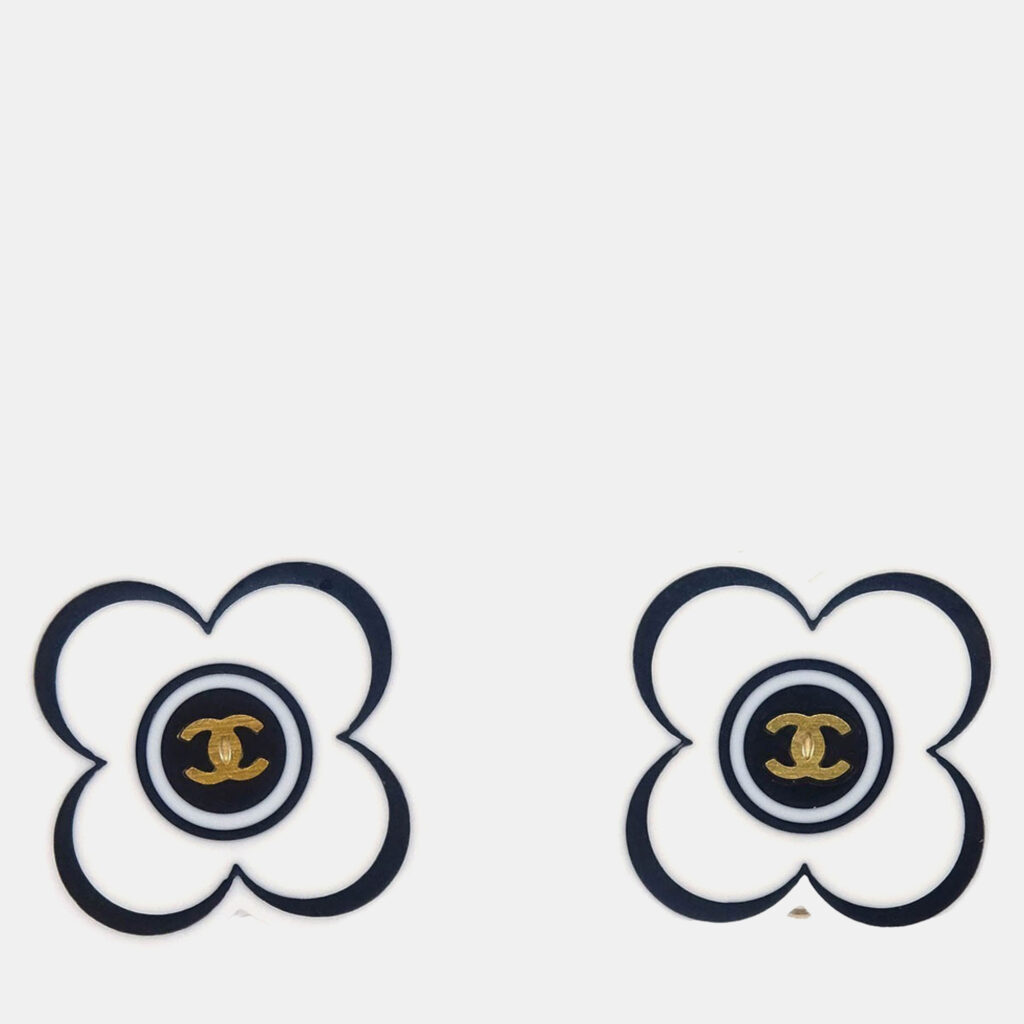 Chanel White/Gold/Black Gold Plated, Acrylic Flower Clip-On Earrings Chanel White/Gold/Black Gold Plated, Acrylic Flower Clip-On Earrings