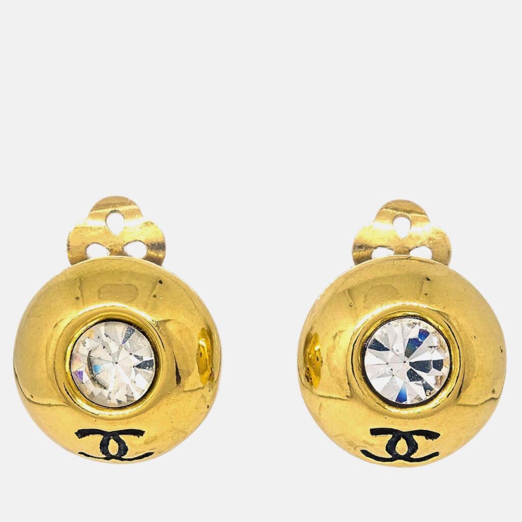 Chanel Clip-On Rhinestone Gold Button Earrings Chanel Clip-On Rhinestone Gold Button Earrings