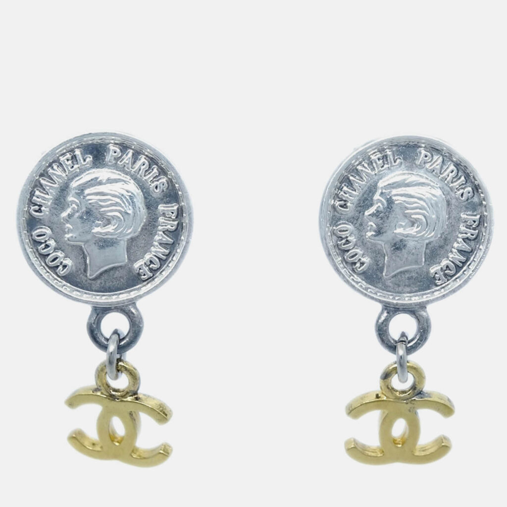 Chanel Dangle Gold Silver Plated Metal Clip-On Earrings Chanel Dangle Gold Silver Plated Metal Clip-On Earrings