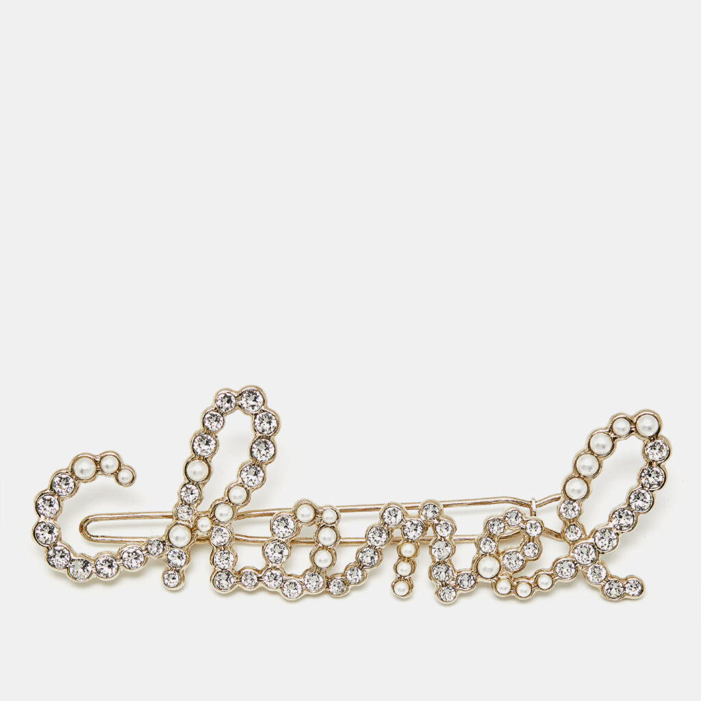 Chanel Logo Faux Pearl Crystals Gold Tone Hair Pin Chanel Logo Faux Pearl Crystals Gold Tone Hair Pin