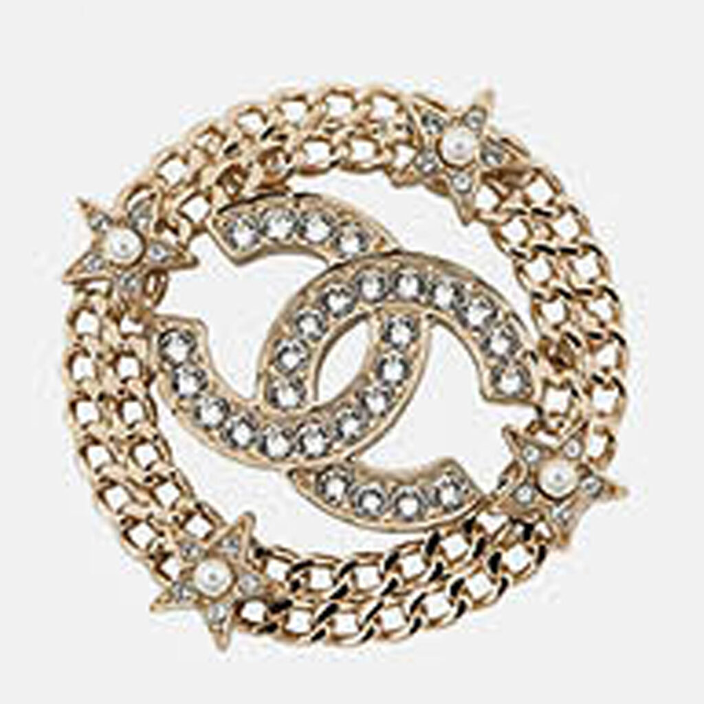 Chanel Cc Logo Round Star Brooch Champagne Gold Gold Plated Rhinestone Faux Pearl Chanel Cc Logo Round Star Brooch Champagne Gold Gold Plated Rhinestone Faux Pearl