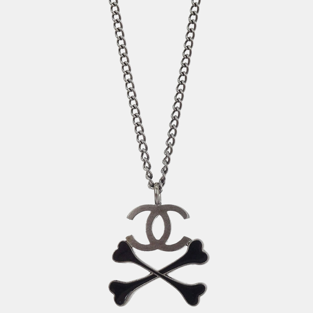 Chanel CC Crossbones Pendant Necklace Silver Black Chanel CC Crossbones Pendant Necklace Silver Black