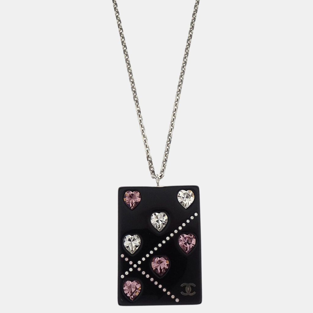 Chanel Silver Acrylic Rectangle Pendant Necklace Rhinestone Chanel Silver Acrylic Rectangle Pendant Necklace Rhinestone