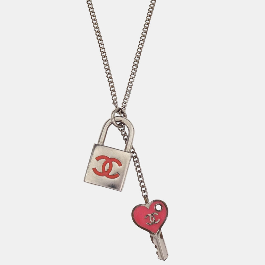 Chanel Padlock Key Pendant Necklace Silver Pink Chanel Padlock Key Pendant Necklace Silver Pink