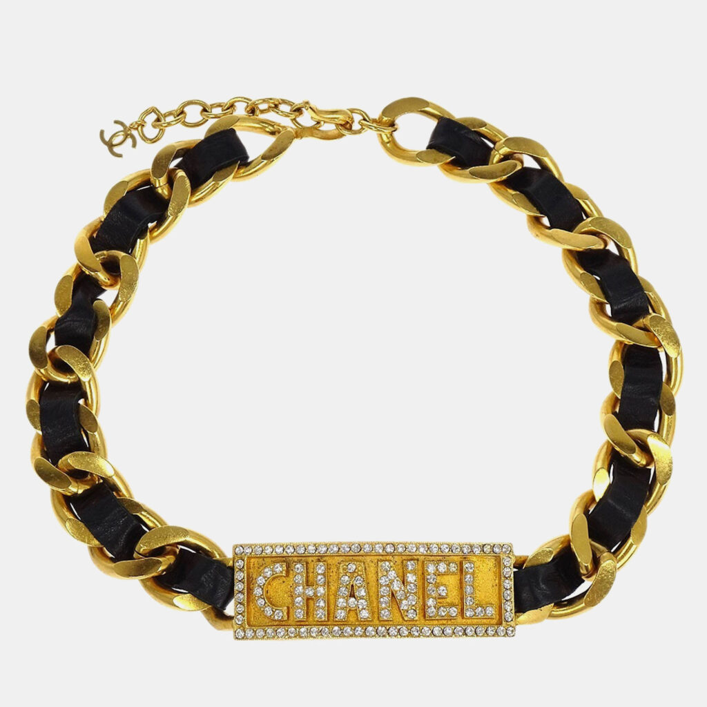 Chanel Gold Black Leather Rhinestone Choker Necklace Chanel Gold Black Leather Rhinestone Choker Necklace