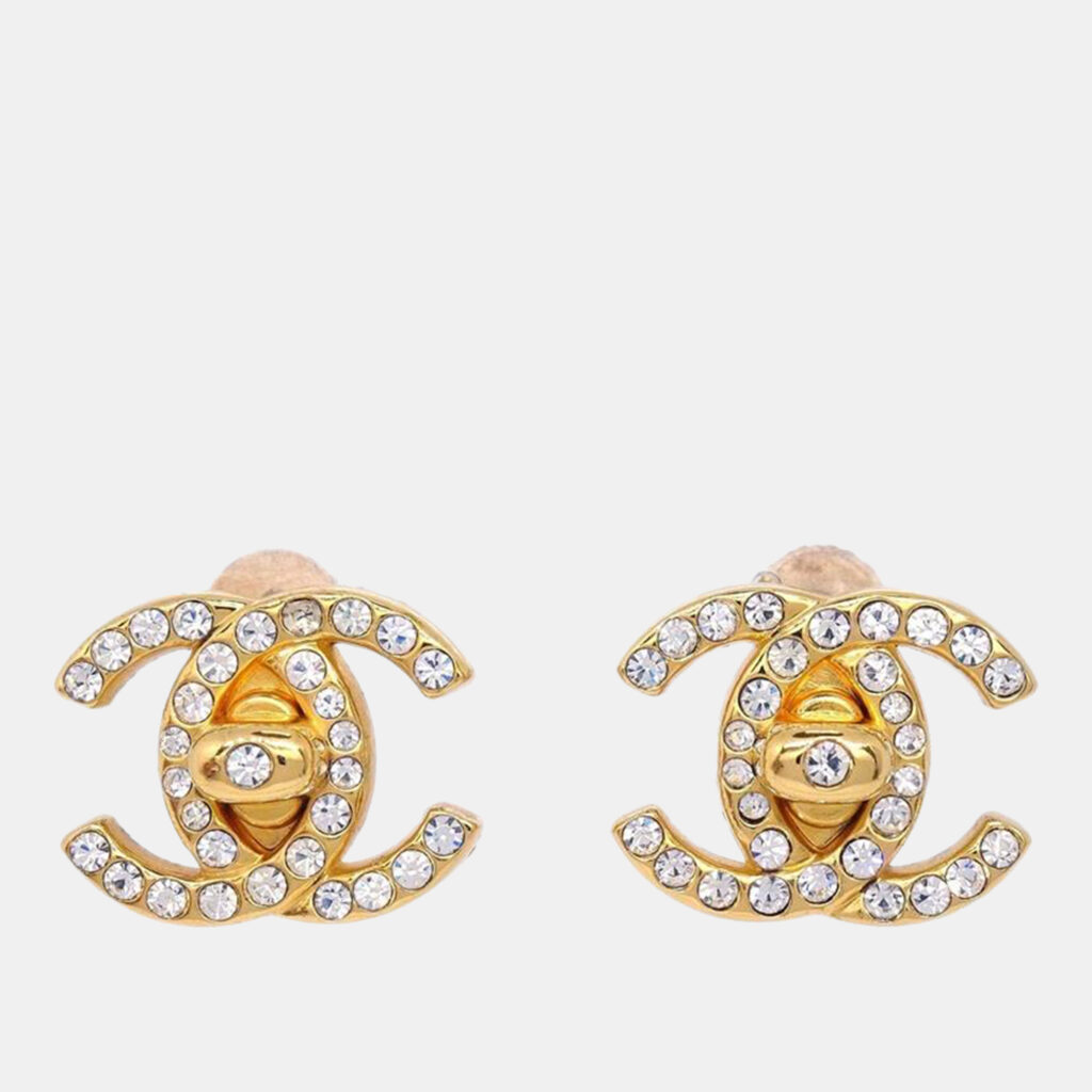 Chanel CC Turnlock Rhinestone Earrings Clip-On Gold Small Chanel CC Turnlock Rhinestone Earrings Clip-On Gold Small
