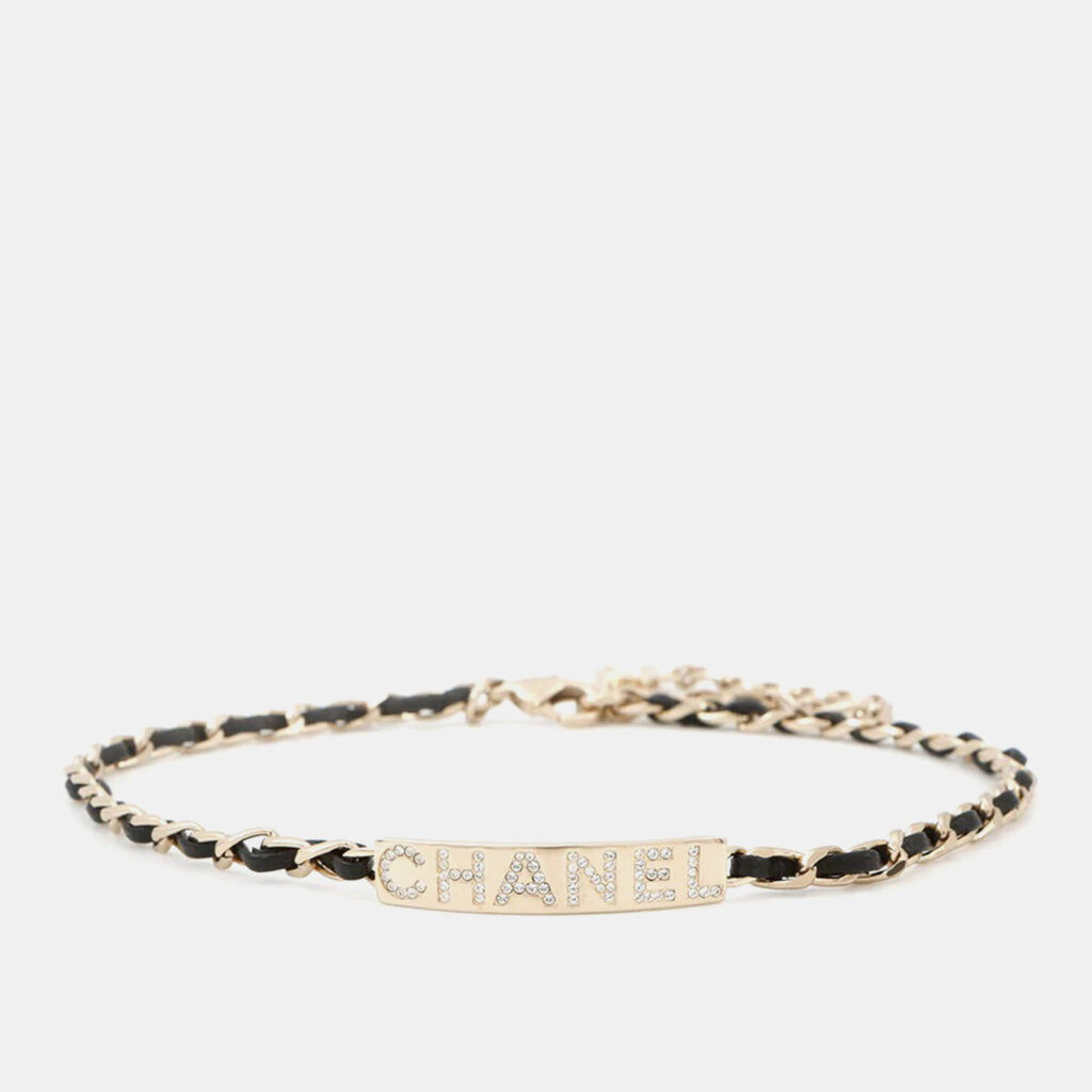 Chanel With Logo Black Gold Plated Leather Chain Choker