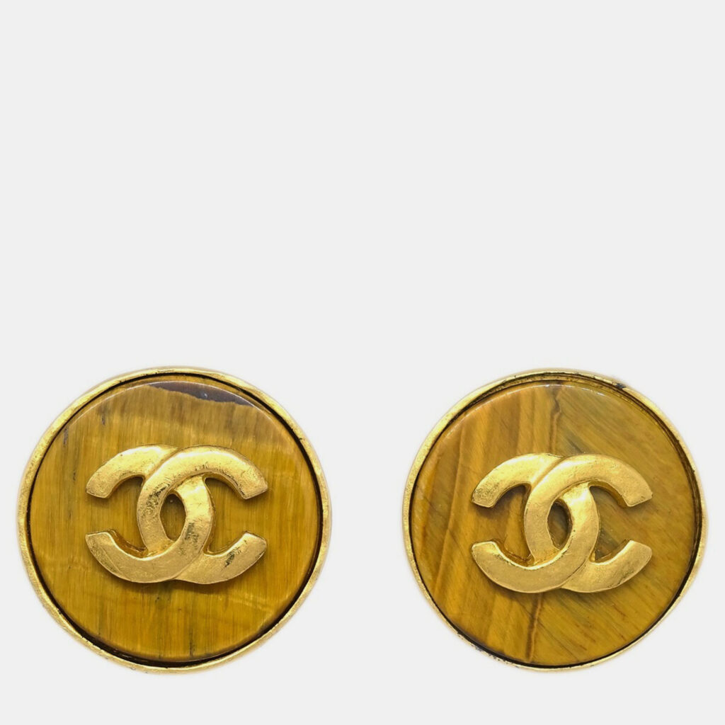 Chanel Button Acrylic Earrings Clip-On Brown Gold 95A Chanel Button Acrylic Earrings Clip-On Brown Gold 95A