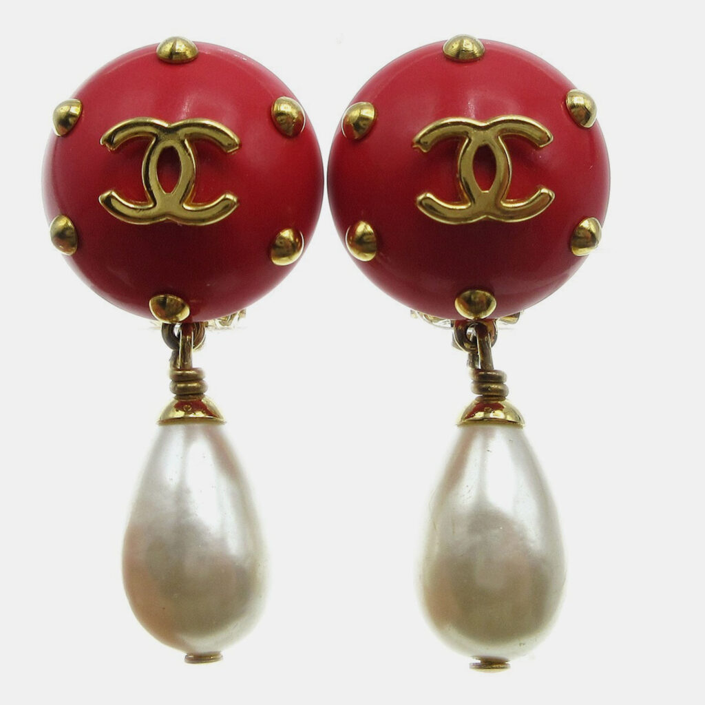 Chanel Artificial Pearl Dangle Earrings Clip-On Red 96C Chanel Artificial Pearl Dangle Earrings Clip-On Red 96C