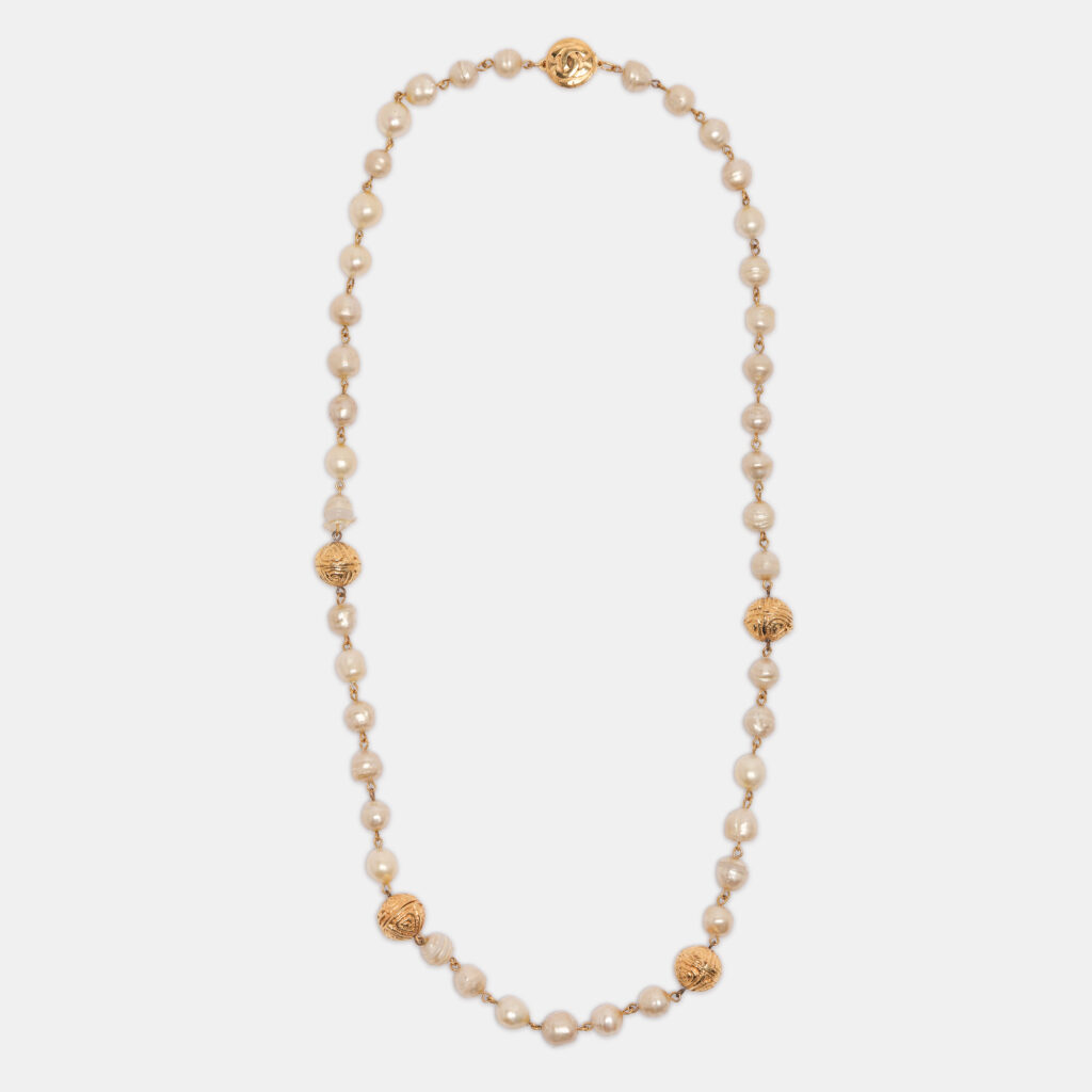 Chanel Gold Tone CC Logo White Faux Pearl Station Necklace Chanel Gold Tone CC Logo White Faux Pearl Station Necklace