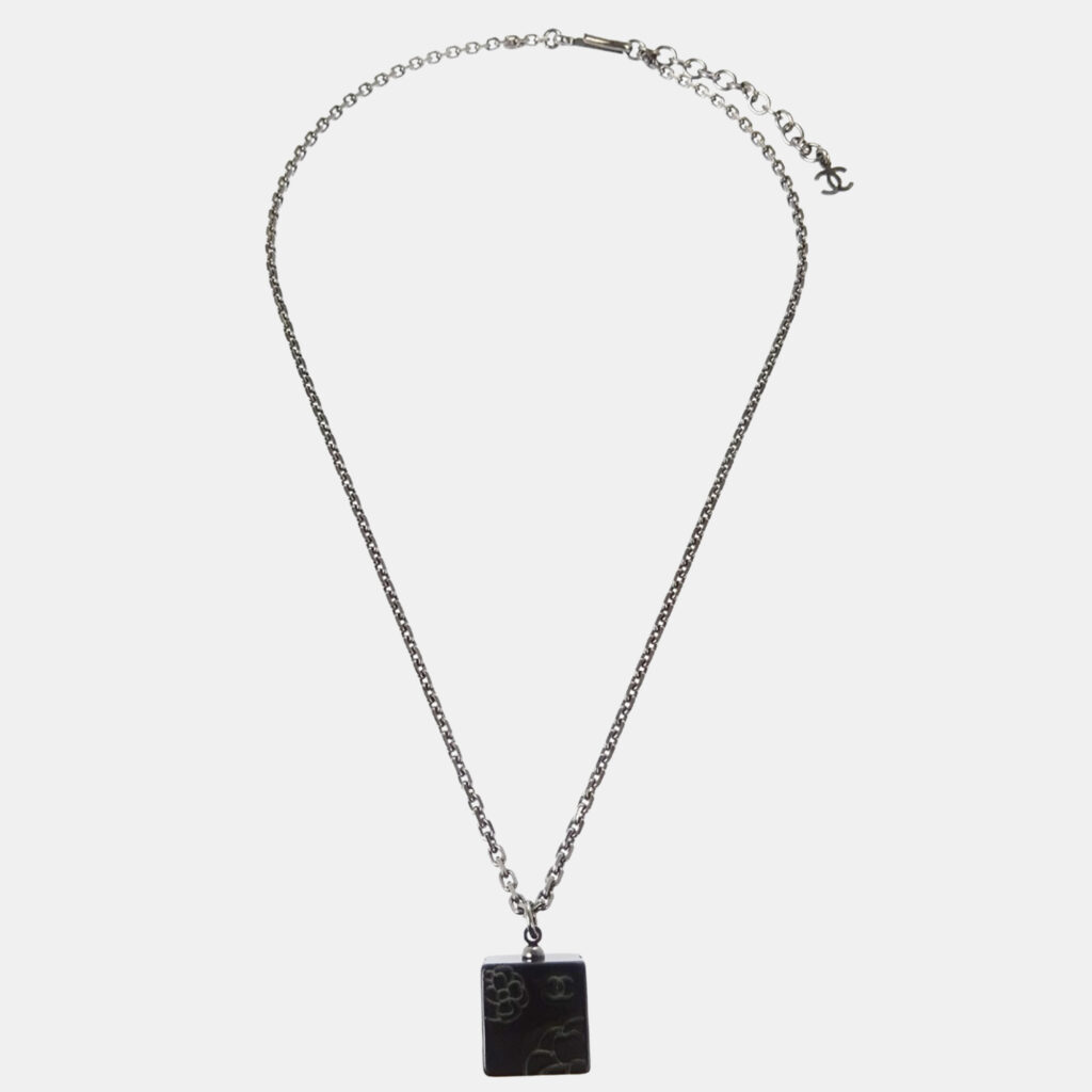 Chanel Silver Black Square Necklace Pendant Chanel Silver Black Square Necklace Pendant