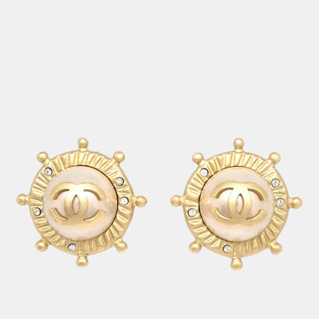 Chanel Gold Button Earrings Clip-On Rhinestone Artificial Pearl Chanel Gold Button Earrings Clip-On Rhinestone Artificial Pearl