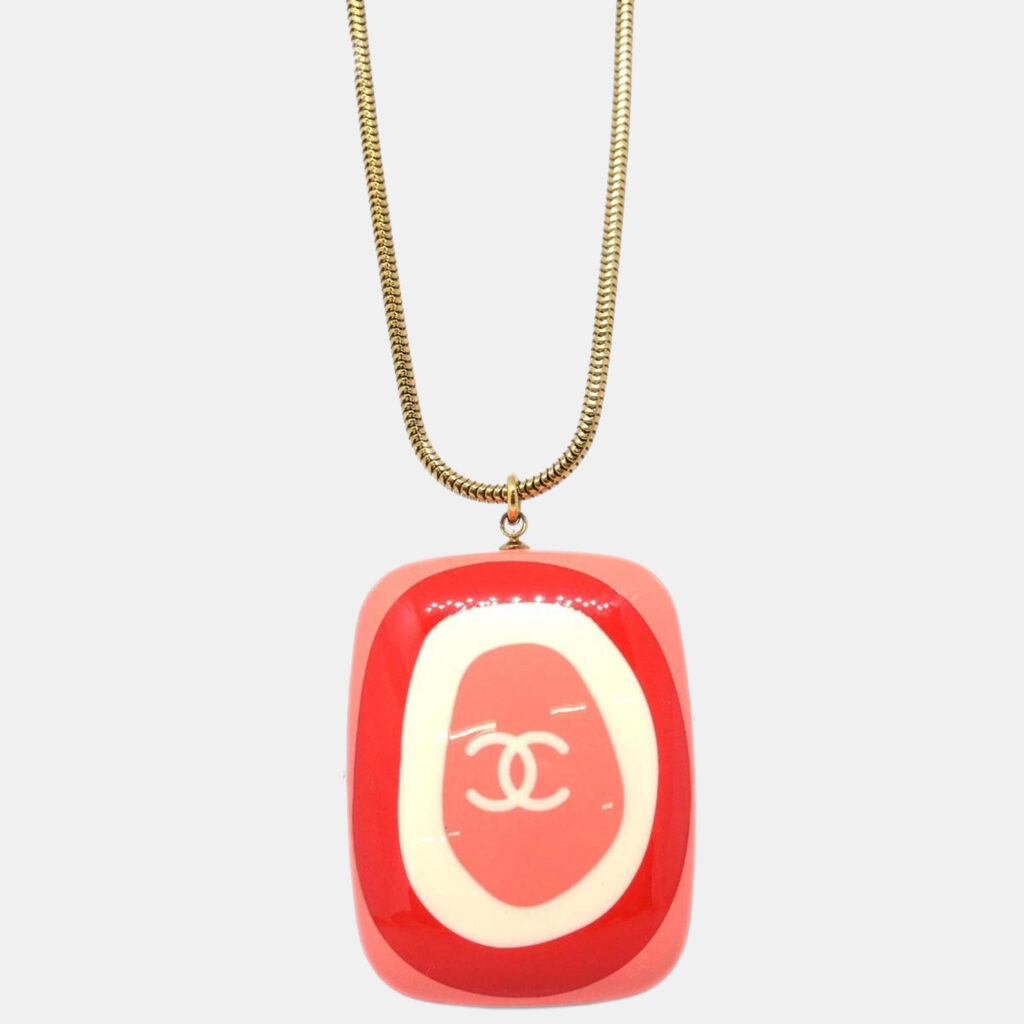 luxury-women-chanel-used-accessories-p1229493-004.jpg Chanel Gold Pink Acrylic Pendant Necklace