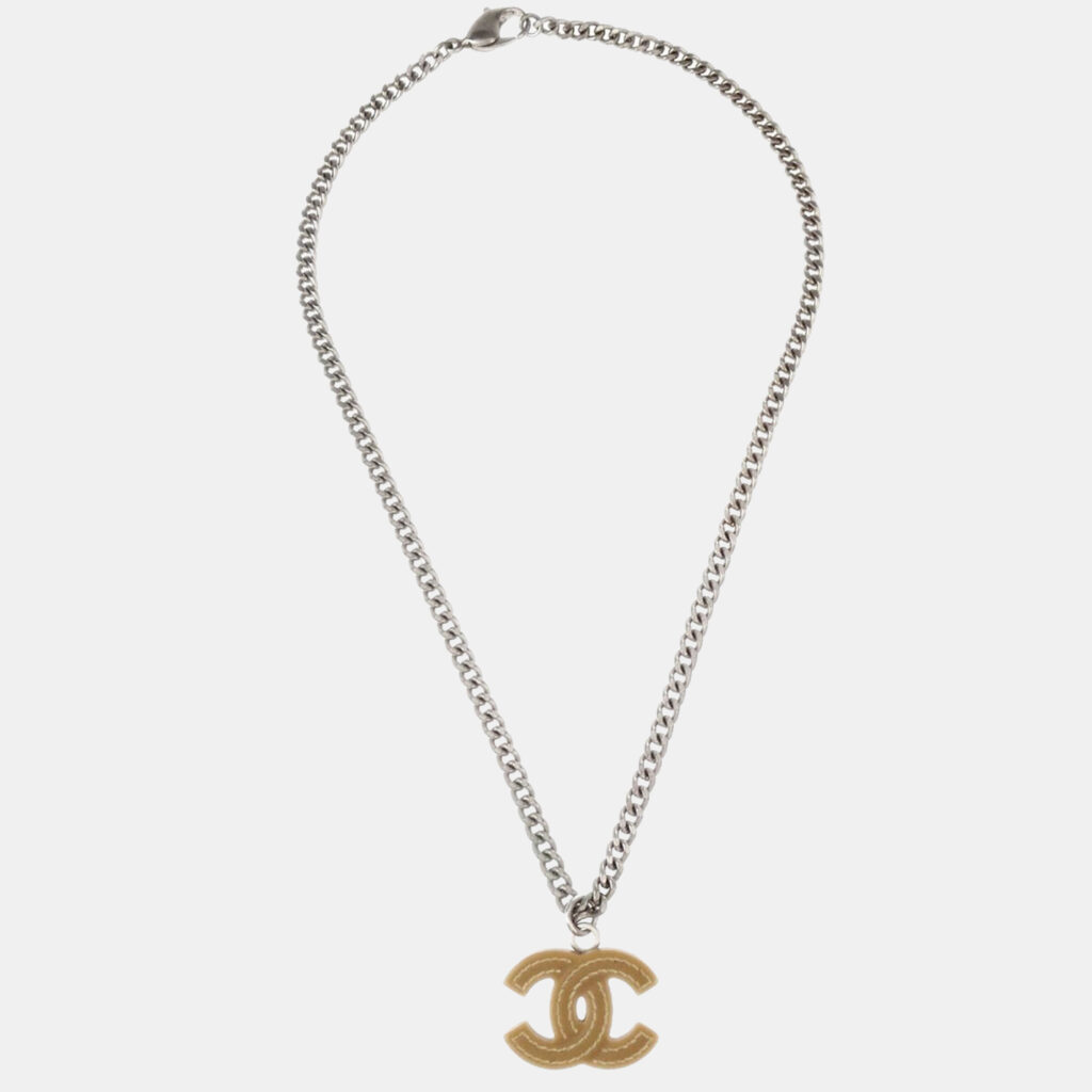 Chanel CC Chain Necklace Silver Brown Chanel CC Chain Necklace Silver Brown