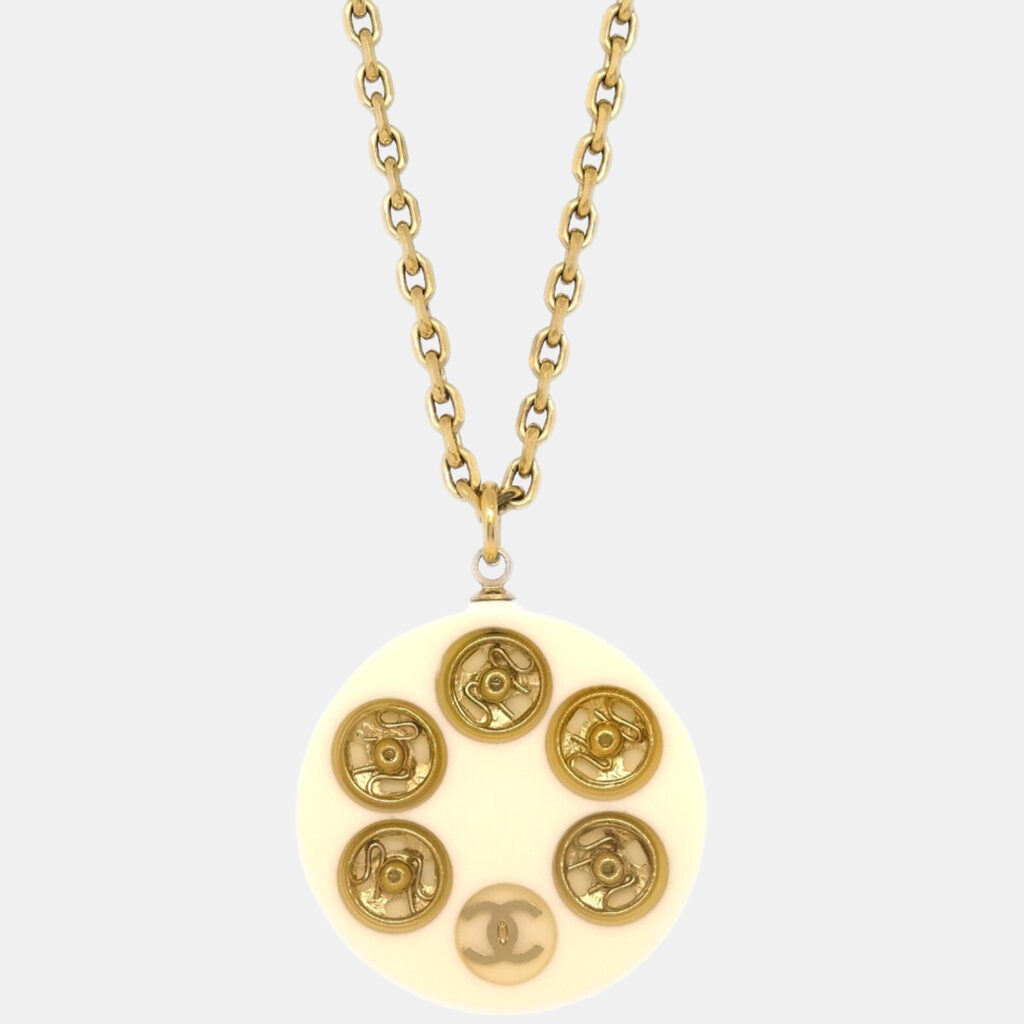 Chanel Pendant Necklace Gold White Chanel Pendant Necklace Gold White