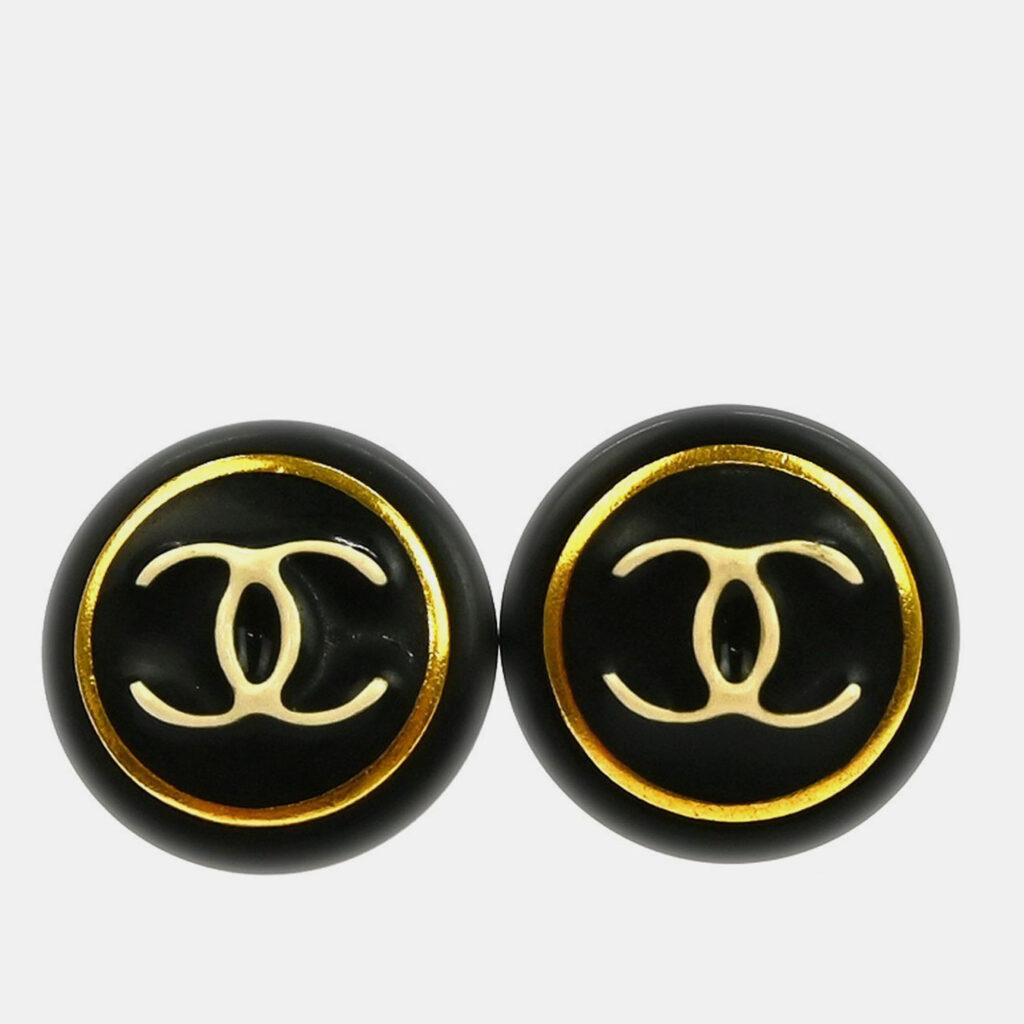 Chanel Button Earrings Clip-On Black Gold Chanel Button Earrings Clip-On Black Gold