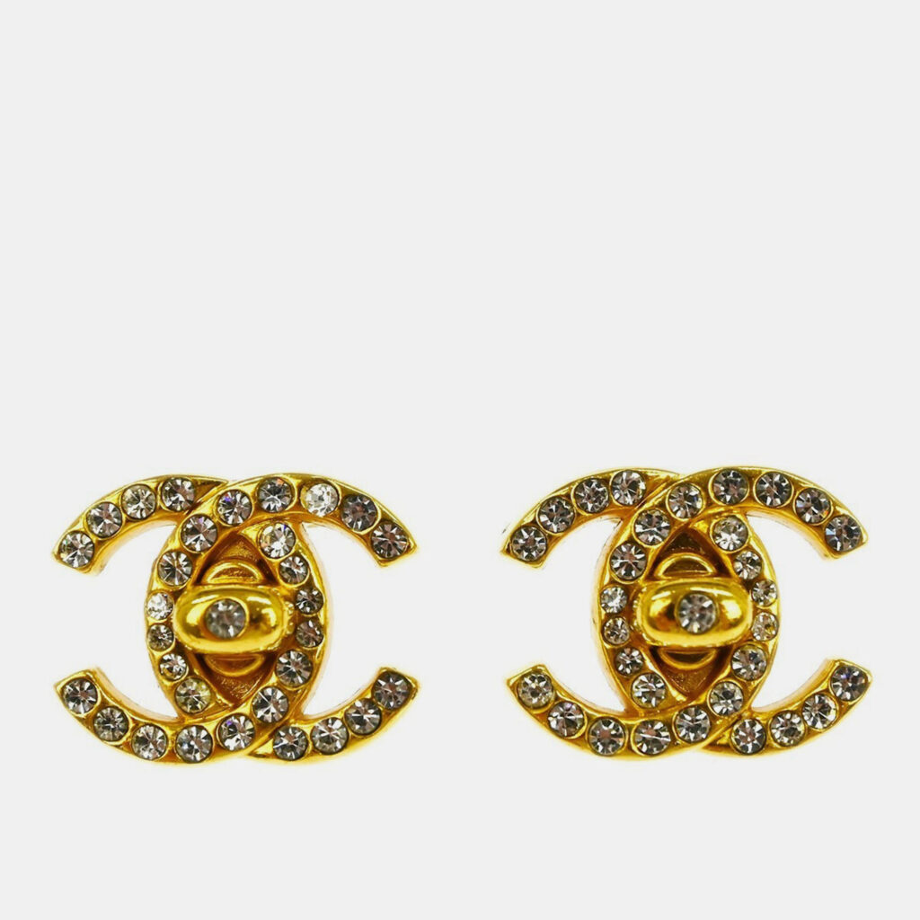 Chanel CC Turnlock Rhinestone Earrings Clip-On Gold Small Chanel CC Turnlock Rhinestone Earrings Clip-On Gold Small