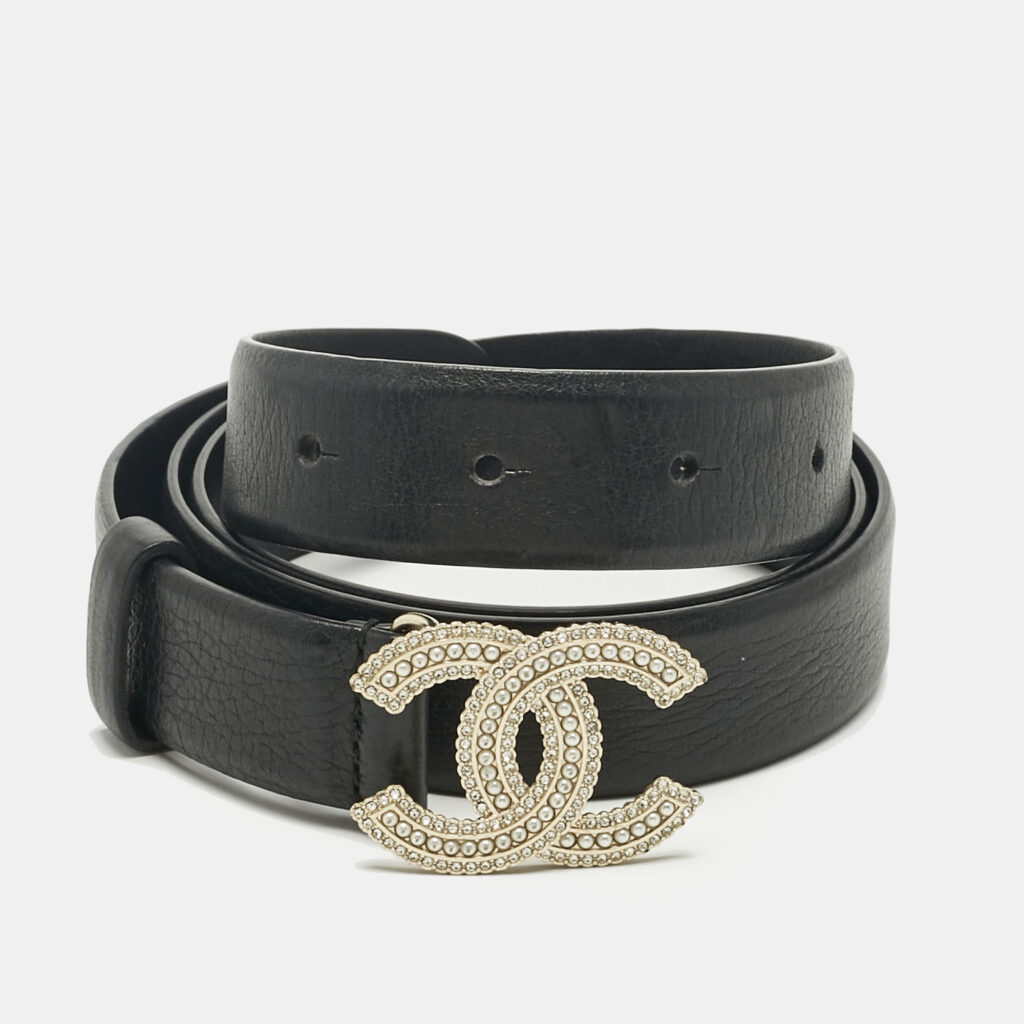 luxury-women-chanel-used-accessories-p1229697-001.jpg Chanel Black Leather CC Embellished Waist Belt 90CM