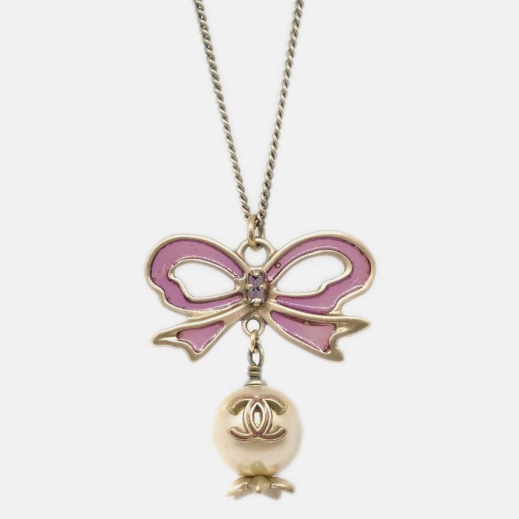 Chanel Chain Pendant Necklace Artificial Pearl Bow Gold Chanel Chain Pendant Necklace Artificial Pearl Bow Gold