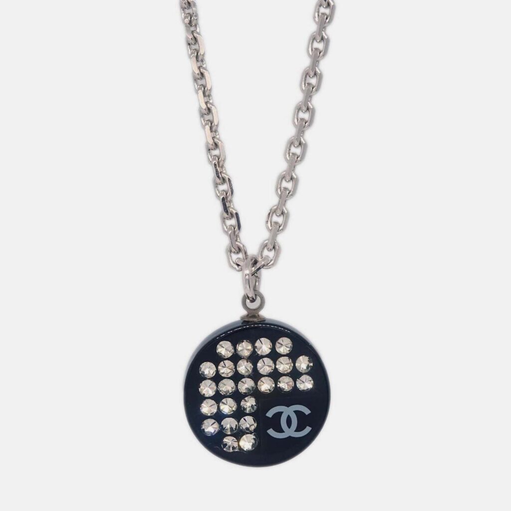 Chanel Medallion Pendant Necklace Rhinestone Silver Black Chanel Medallion Pendant Necklace Rhinestone Silver Black