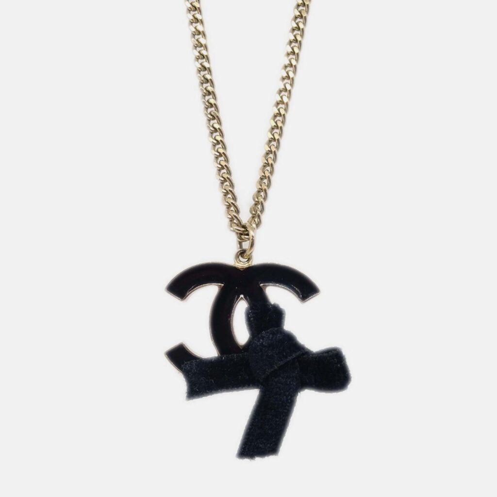 Chanel Bow CC Chain Necklace Pendant Gold Black Chanel Bow CC Chain Necklace Pendant Gold Black
