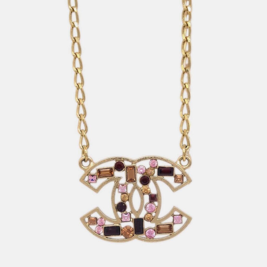Chanel CC Rhinestone Gold Plated Chain Pendant Necklace Chanel CC Rhinestone Gold Plated Chain Pendant Necklace