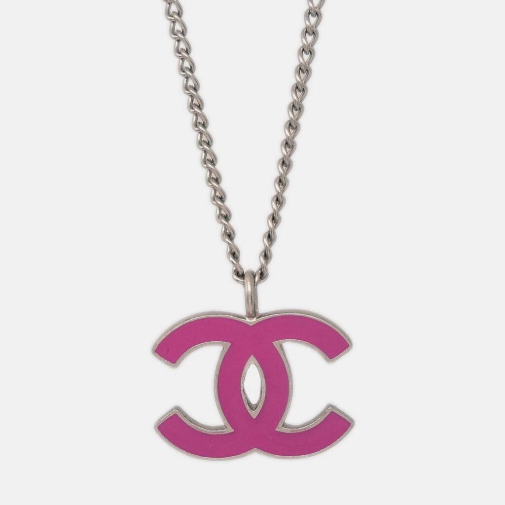 Chanel Pink Silver Plated CC Chain Necklace Pendant Chanel Pink Silver Plated CC Chain Necklace Pendant