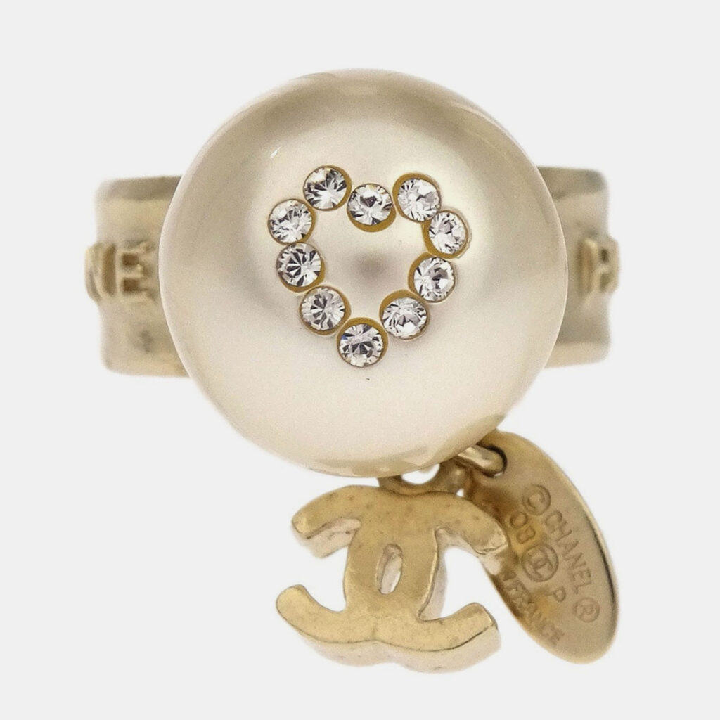 Chanel Rhinestone Artificial Pearl Ring Gold #52 Chanel Rhinestone Artificial Pearl Ring Gold #52