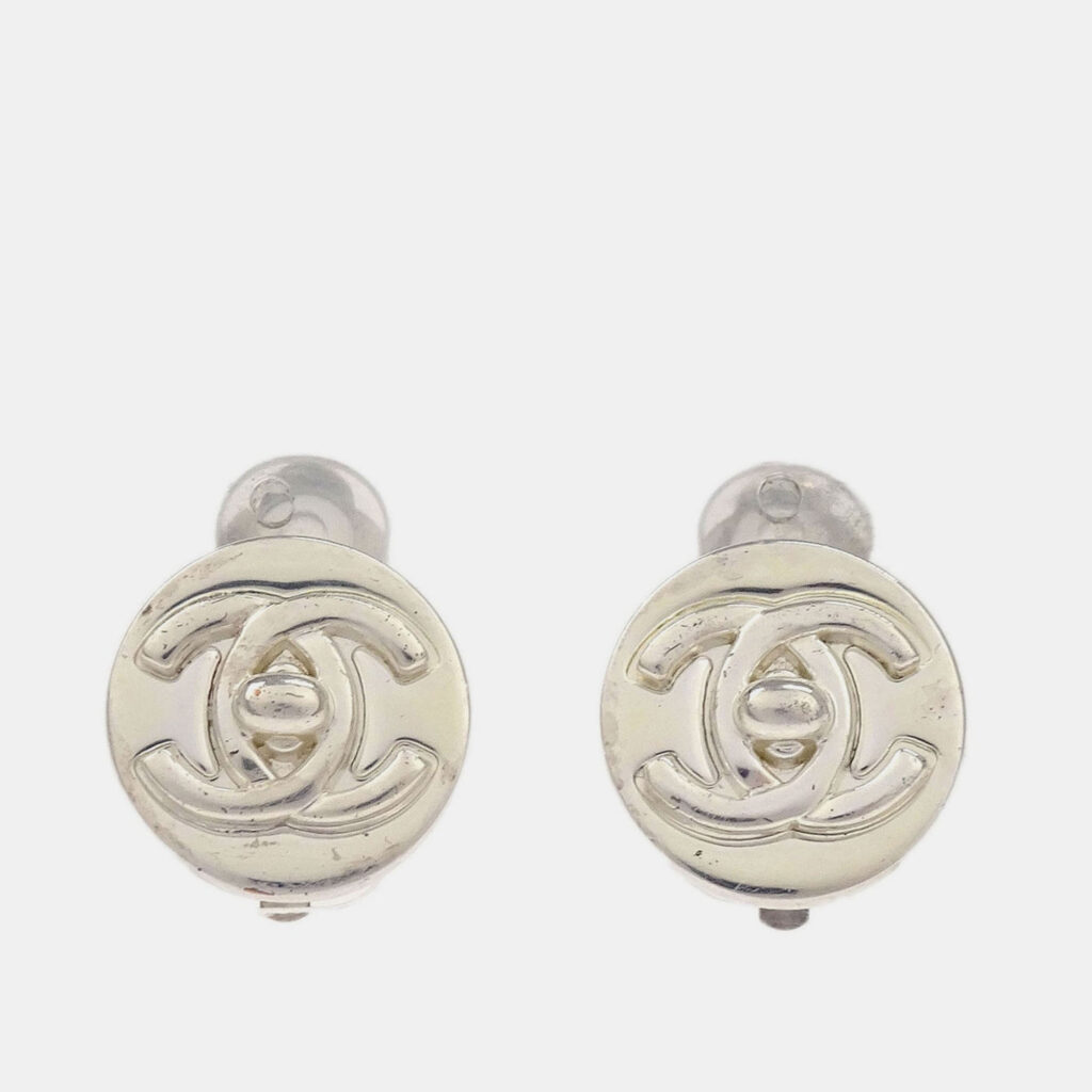 Chanel Turnlock Button Earrings Clip-On Silver Chanel Turnlock Button Earrings Clip-On Silver