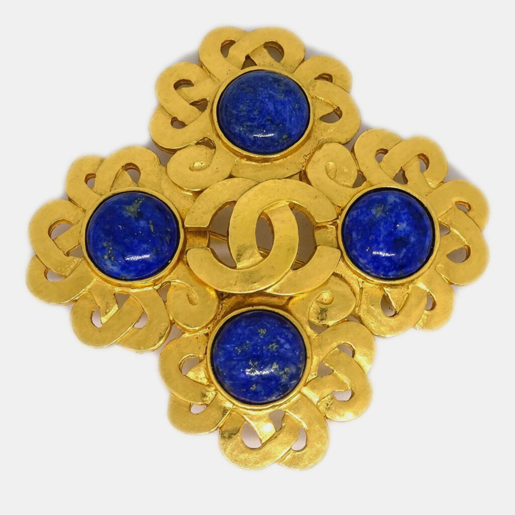 Chanel Stone Brooch Pin Gold Blue Chanel Stone Brooch Pin Gold Blue