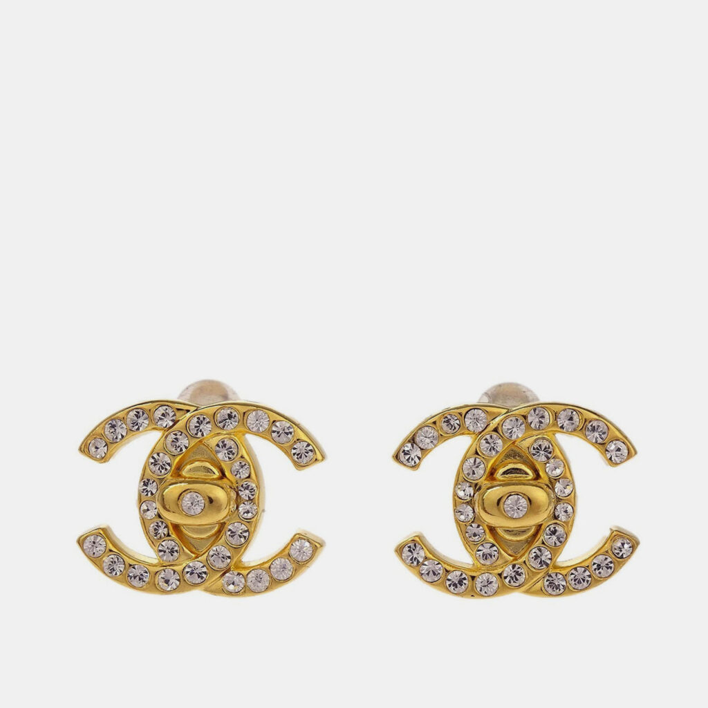 Chanel CC Turnlock Rhinestone Earrings Clip-On Gold Small Chanel CC Turnlock Rhinestone Earrings Clip-On Gold Small