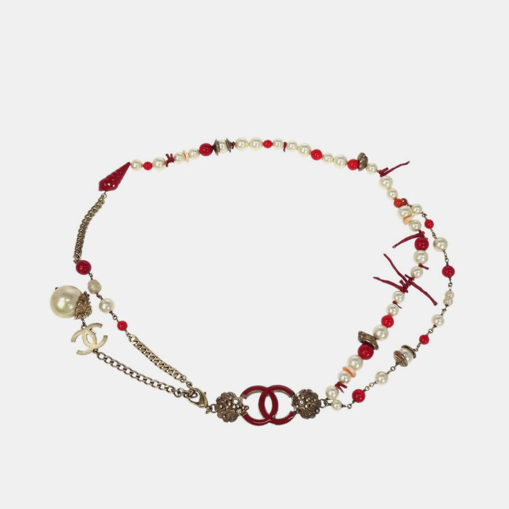 Chanel Silver Chain Belt Artificial Pearl Rhinestone Small Good