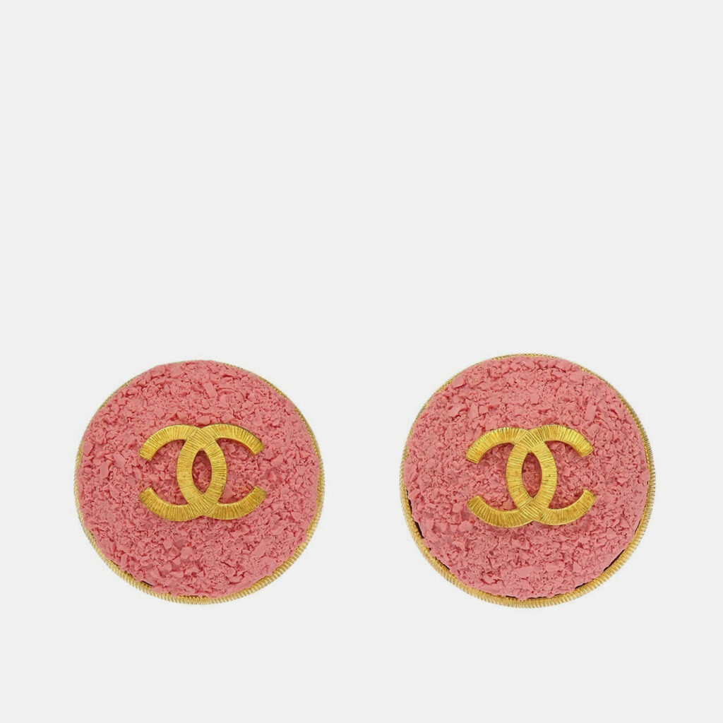 Chanel Gold Pink Button Earrings Clip-On Chanel Gold Pink Button Earrings Clip-On