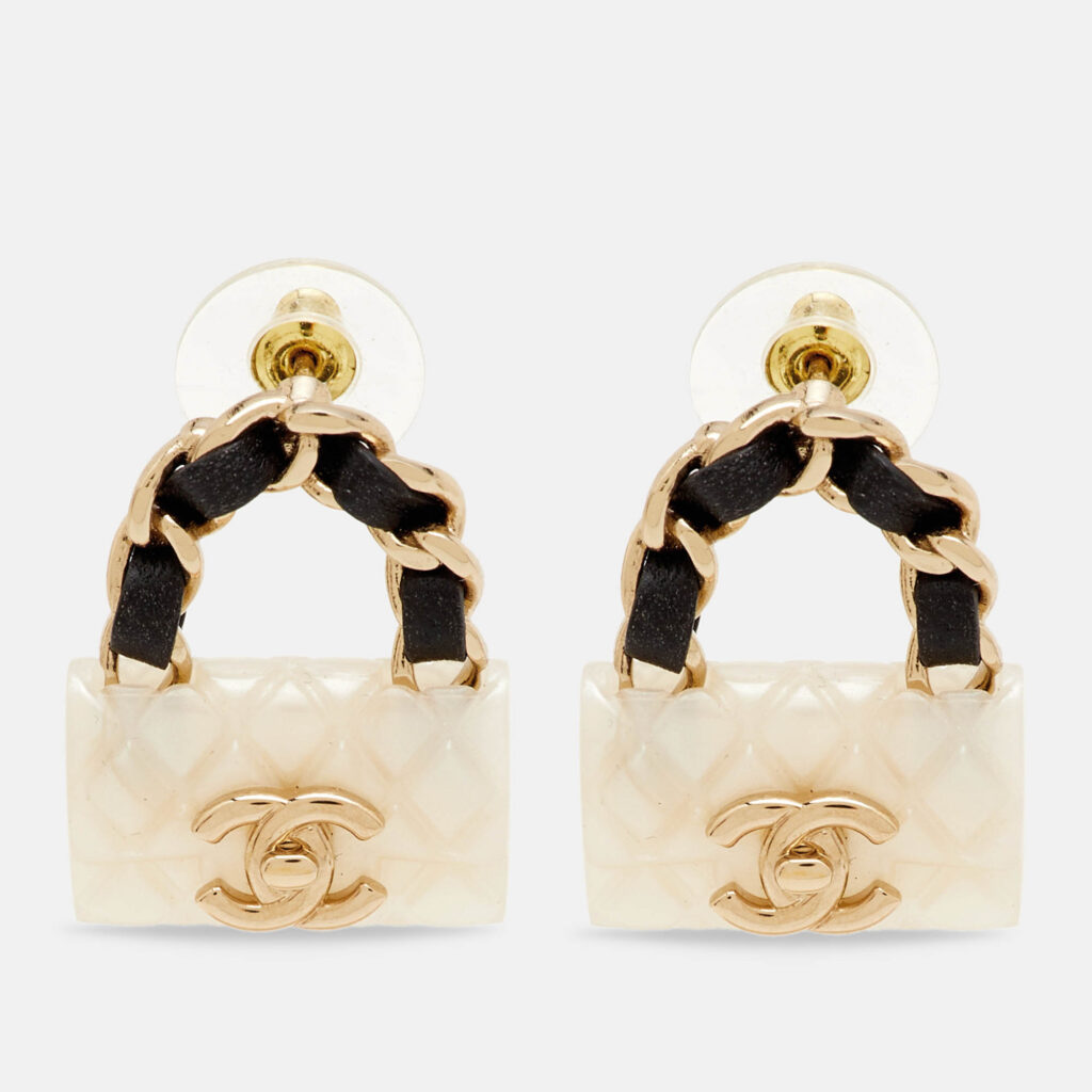 Chanel CC Resin Bag Motif Leather Gold Tone Stud Earrings