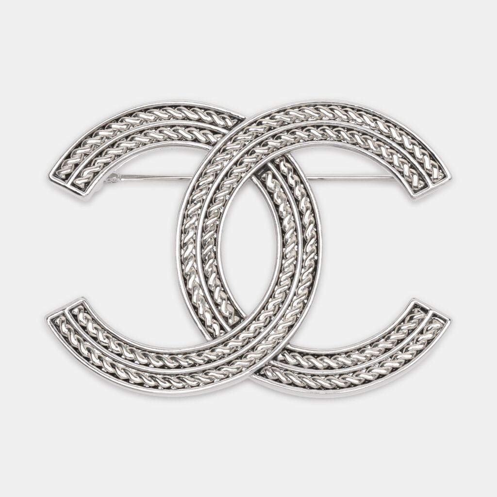 Chanel Silver Tone Metal Chain Detail CC Brooch Chanel Silver Tone Metal Chain Detail CC Brooch